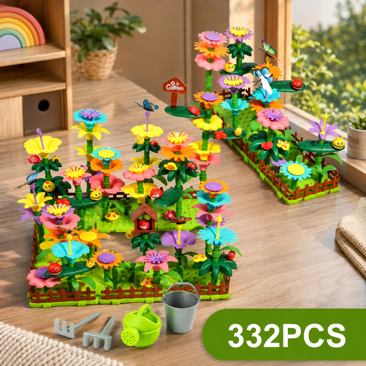 Large 332-piece flower garden building toy displayed outdoors with a watering can